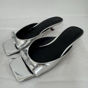 Steve Madden Meme Sandals Silver Bow Kitten Heel Square Toe Dress Shoes